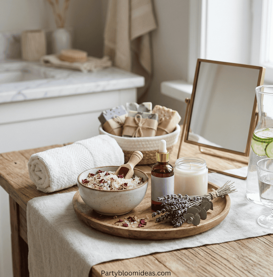 Cozy spa essentials for Mother's Day, including bath salts, candles, and skincare products.