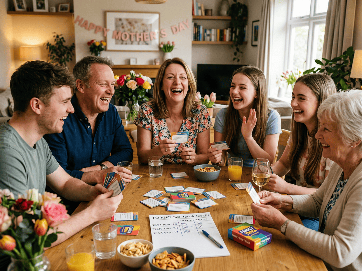 Mother's Day family game night with laughter and card games celebration.