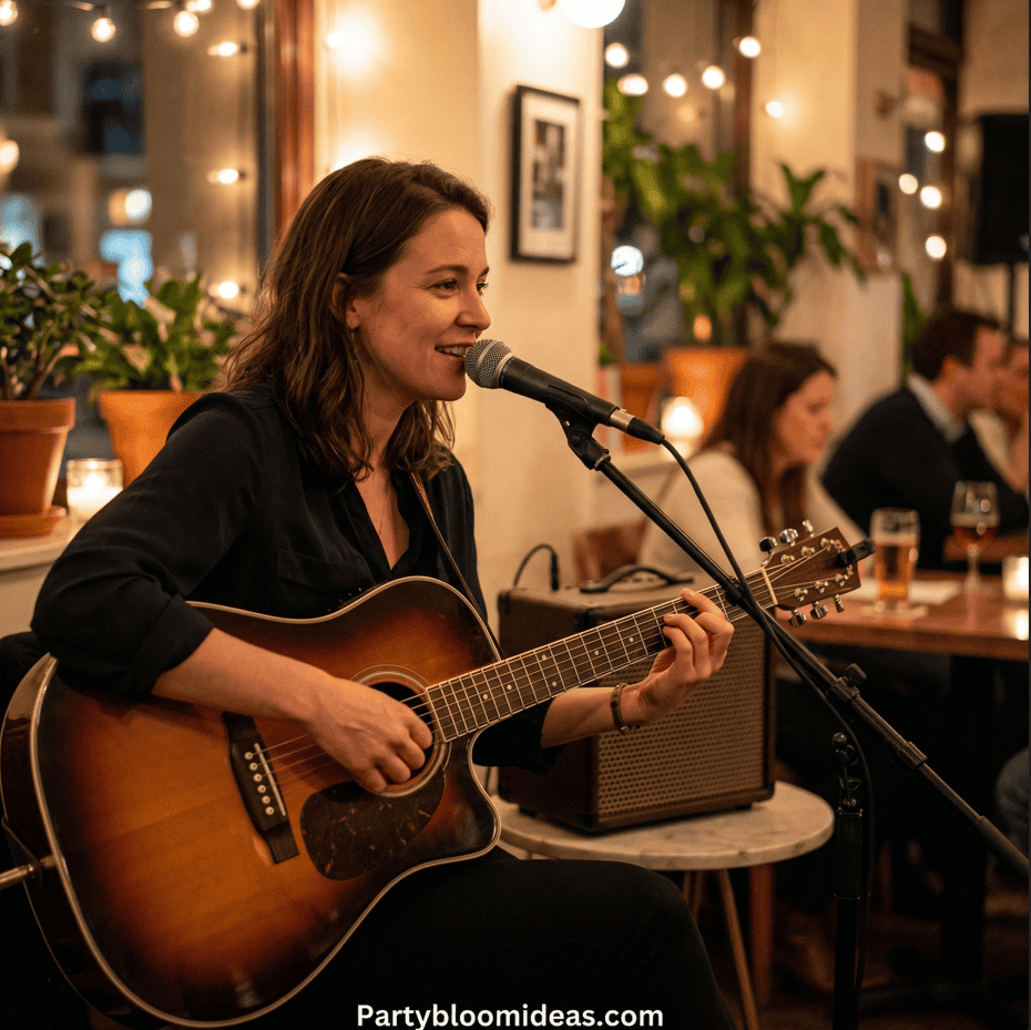 Live guitar and singing performance at a Mother's Day celebration.