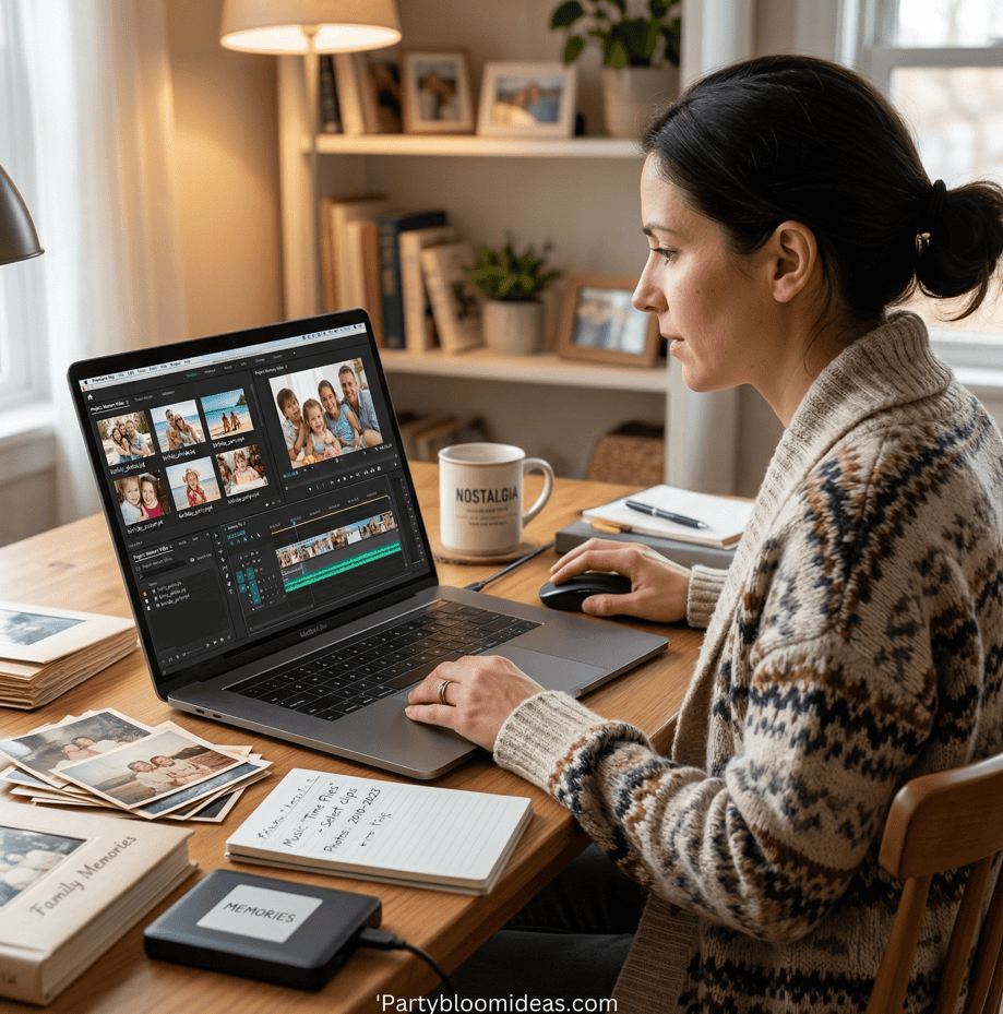 Beautiful woman editing photos on laptop for Mother's Day celebration.