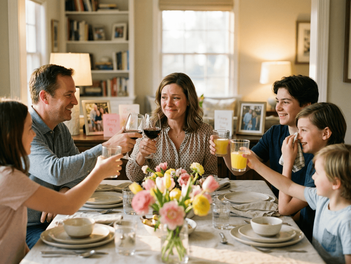 Family enjoying drinks and conversation during Mother's Day celebration.