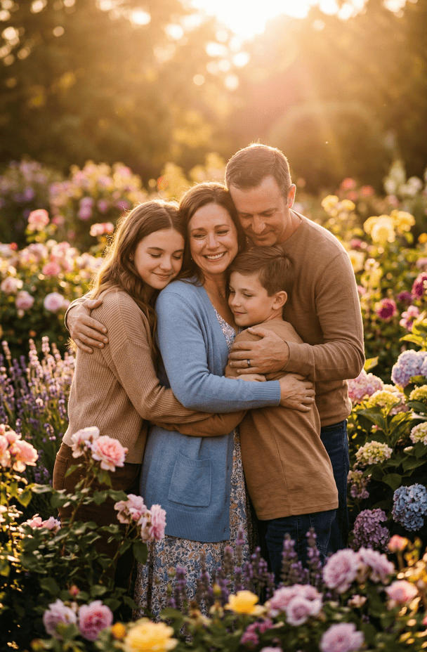 Happy family embracing in a vibrant flower garden during sunset for Mother's Day celebration.