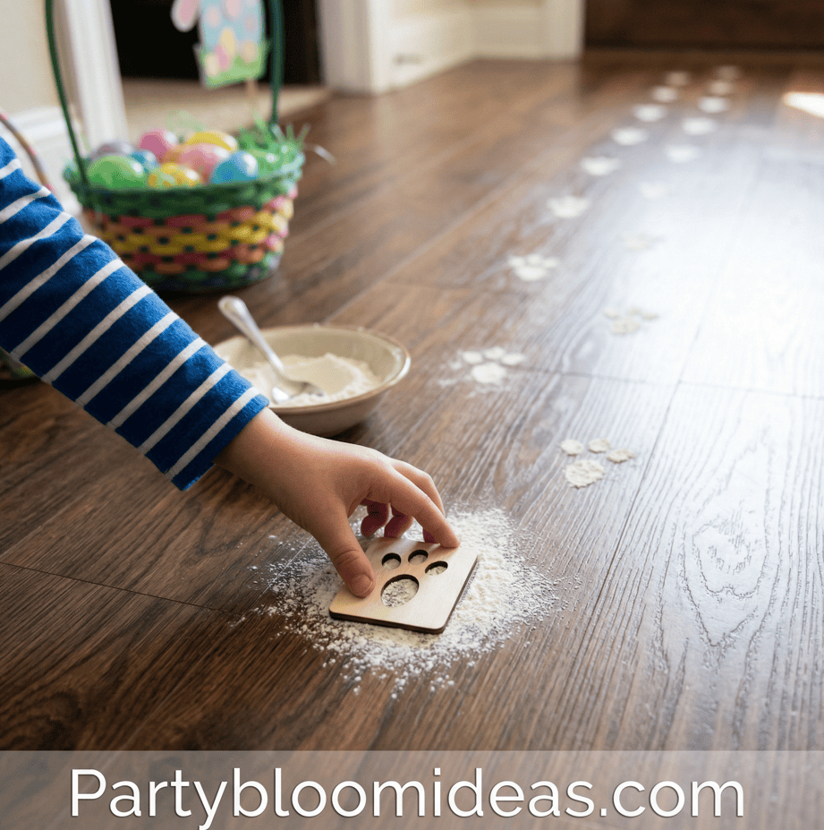 Child's hand placing a wooden Easter egg on the floor during an egg hunt.