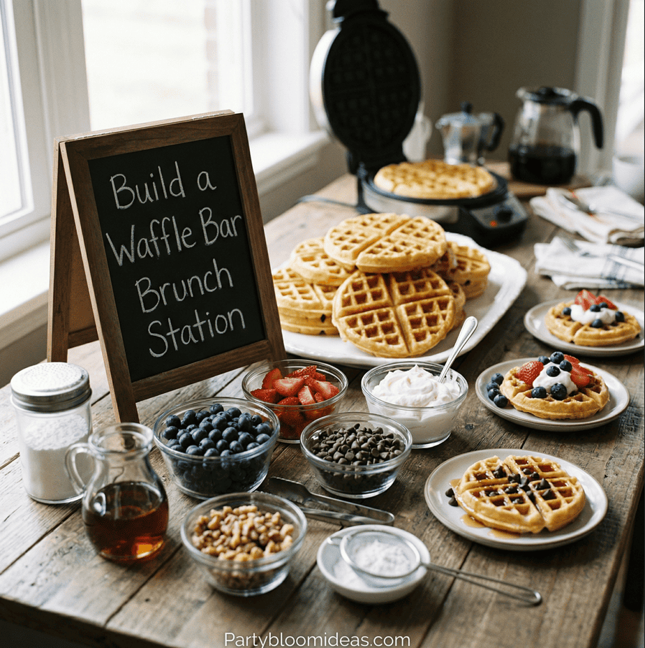 Waffle bar setup with toppings for kids' Easter party, featuring fresh fruit, whipped cream, and syr.