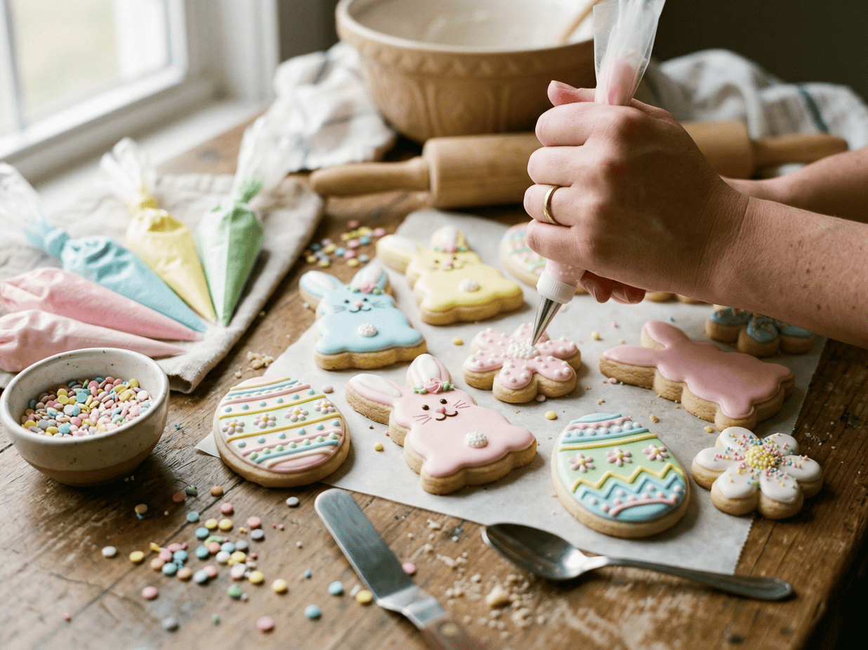 Easter bunny cookies being decorated with icing and sprinkles for a festive celebration.