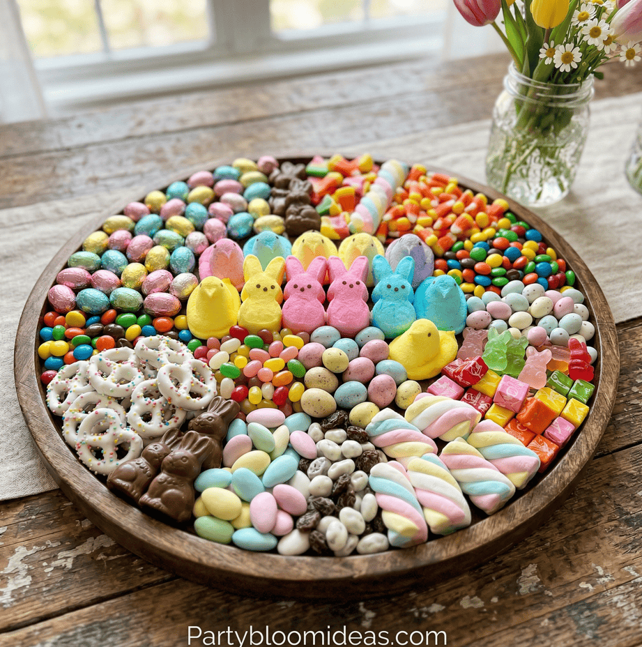 Colorful Easter candies and chocolates arranged on a wooden tray for kids' celebration.