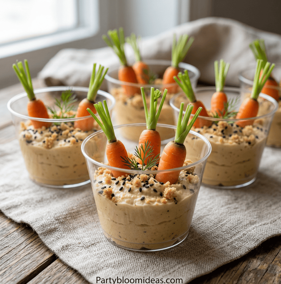 Delicious carrot snack cups with hummus, garnished with fresh carrots and herbs, ideal for Easter pa.