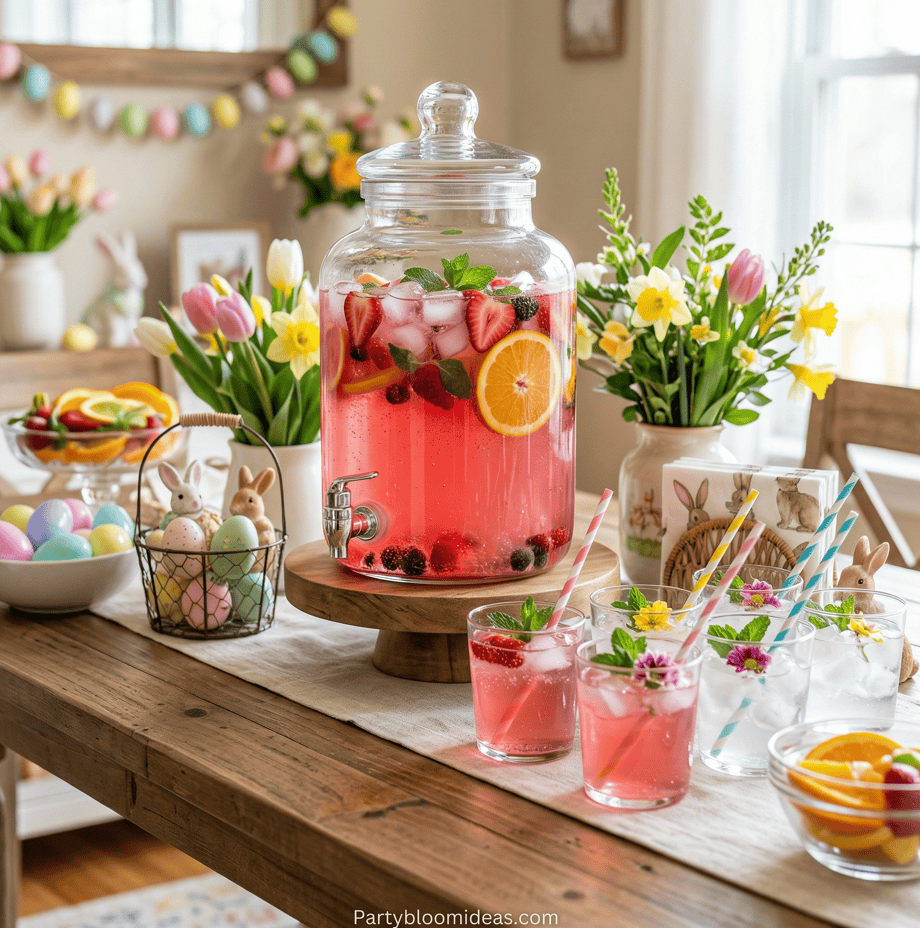 Colorful Easter punch with fruit and herbs in a glass dispenser, surrounded by spring decorations.