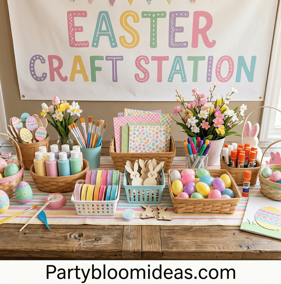 Easter craft station with colorful decorations, eggs, and supplies for kids' holiday activities.