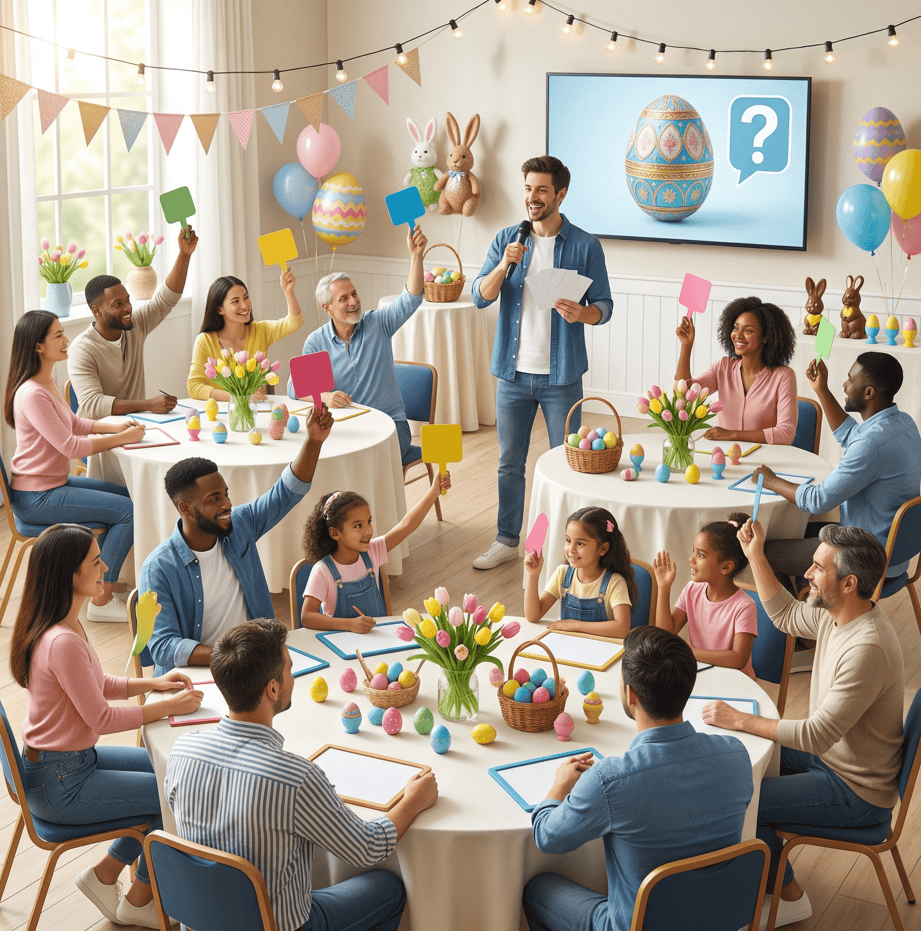 Easter egg hunt game with kids and families at a festive indoor celebration.