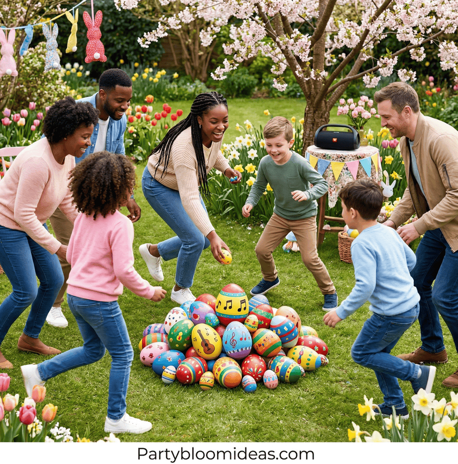 Kids and family enjoying an Easter egg hunt outdoors in a blooming garden.