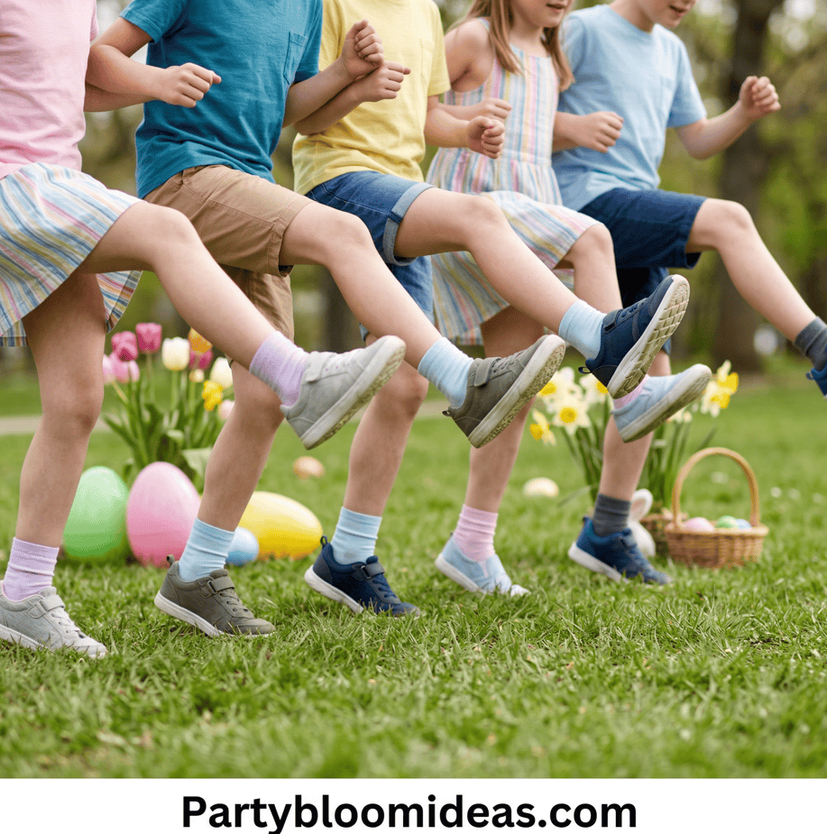 Children playing outdoor Easter party games with colorful eggs and decorations.