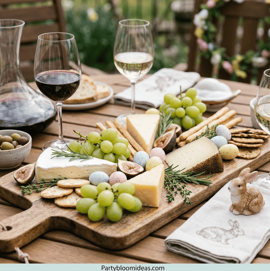 Cheese, grapes, crackers, and wine glasses on a rustic outdoor table.