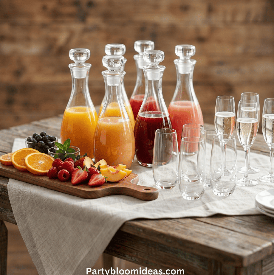 Juice bar with vibrant fruit drinks and glasses for Easter party ideas.