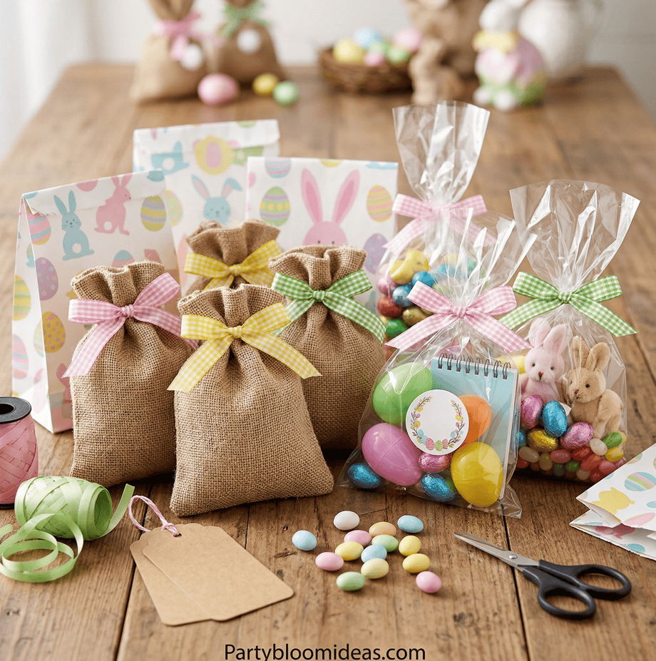 Festive Easter party favor bags with colorful candies and bunny-themed decor.