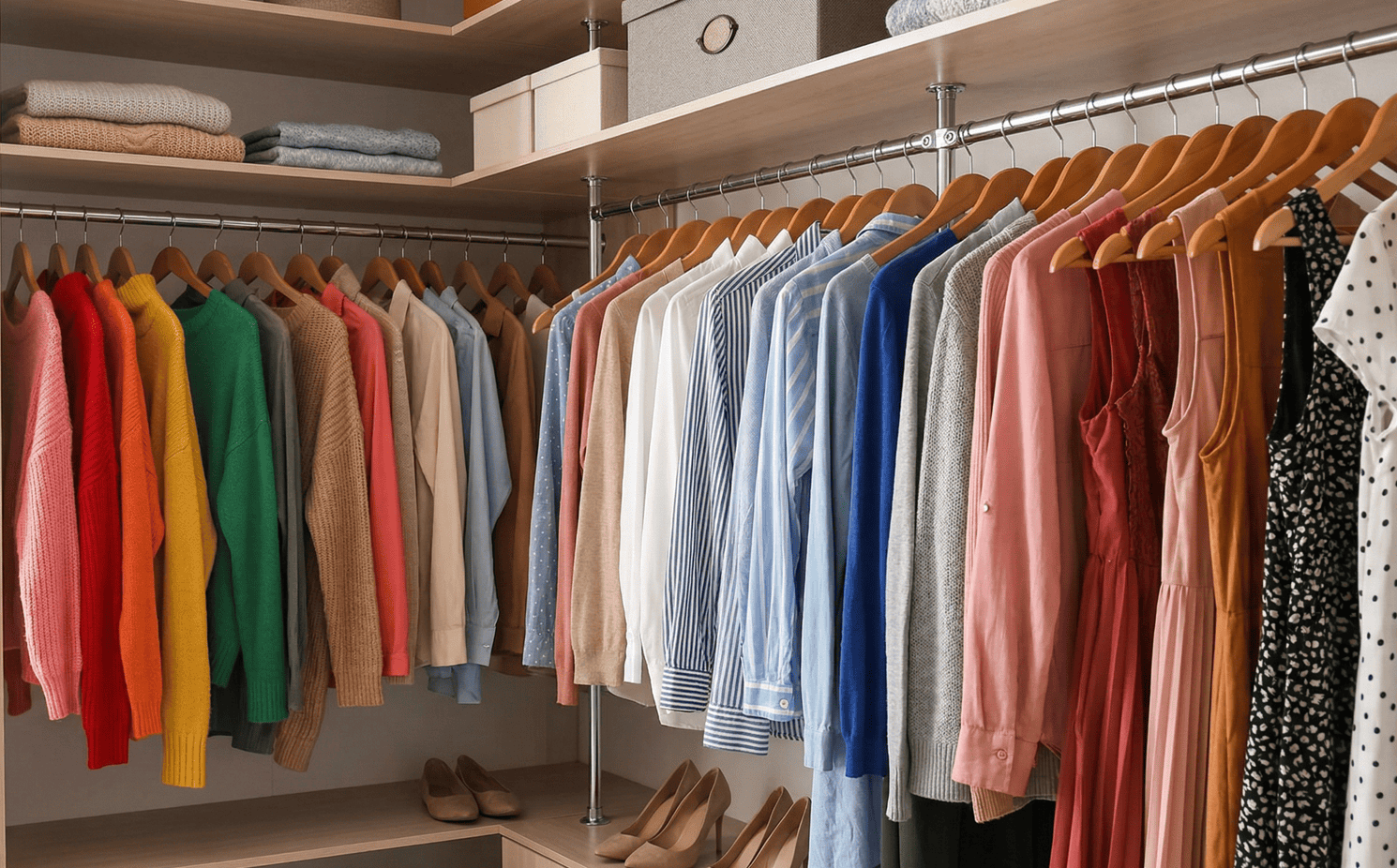 Brightly colored clothing hanging in a closet for Easter party outfit ideas.