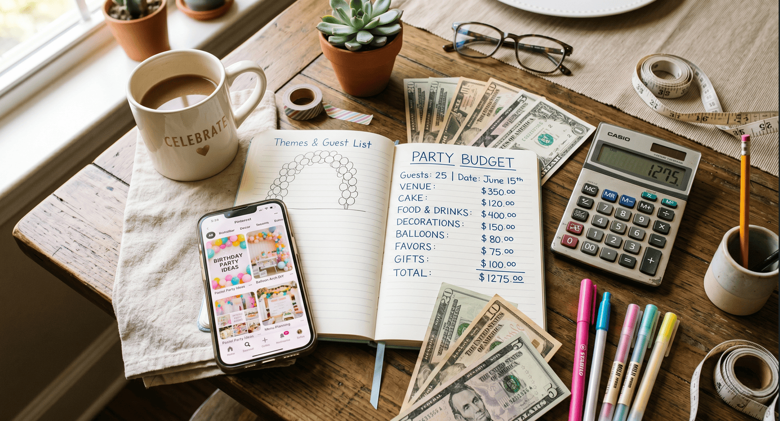 Budget-friendly party planning ideas with a guest list, expenses, and decor tips for a stylish celeb.