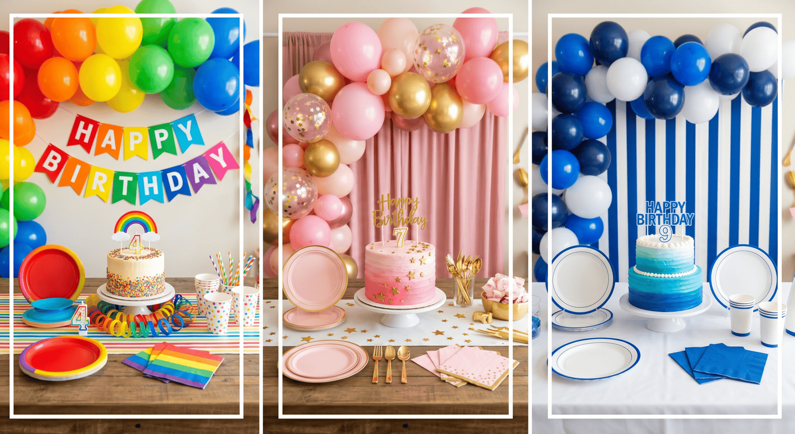 Colorful balloon decorations with birthday banners for affordable party setups.