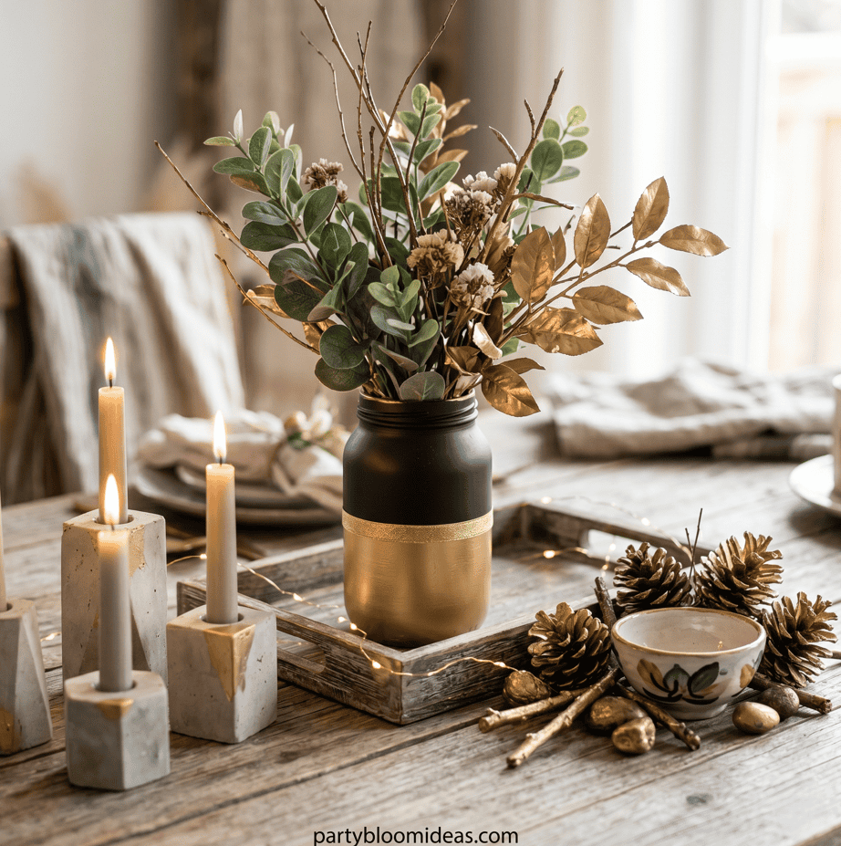 Decorative table setting with candles, pinecones, and a floral arrangement for budget-friendly birth.