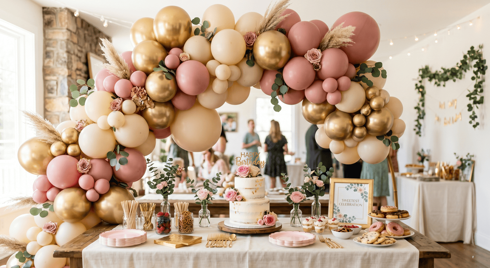 Colorful balloon arch with pink, gold, and cream balloons for a festive birthday party setup.