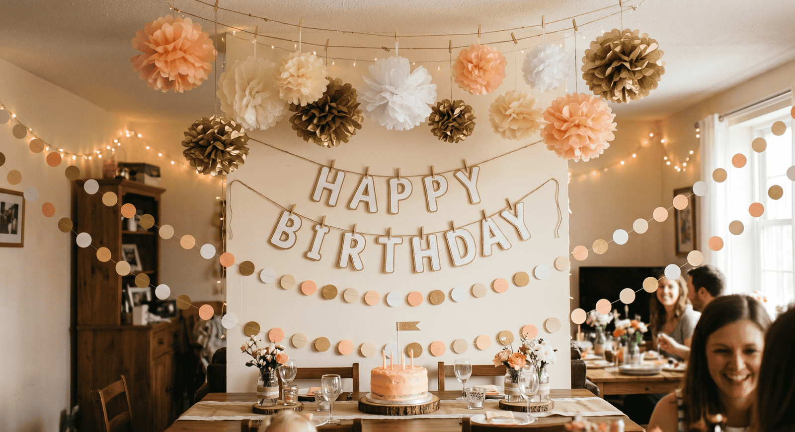 Festive birthday party setup with paper pom-poms and "Happy Birthday" banner in a cozy home setting.