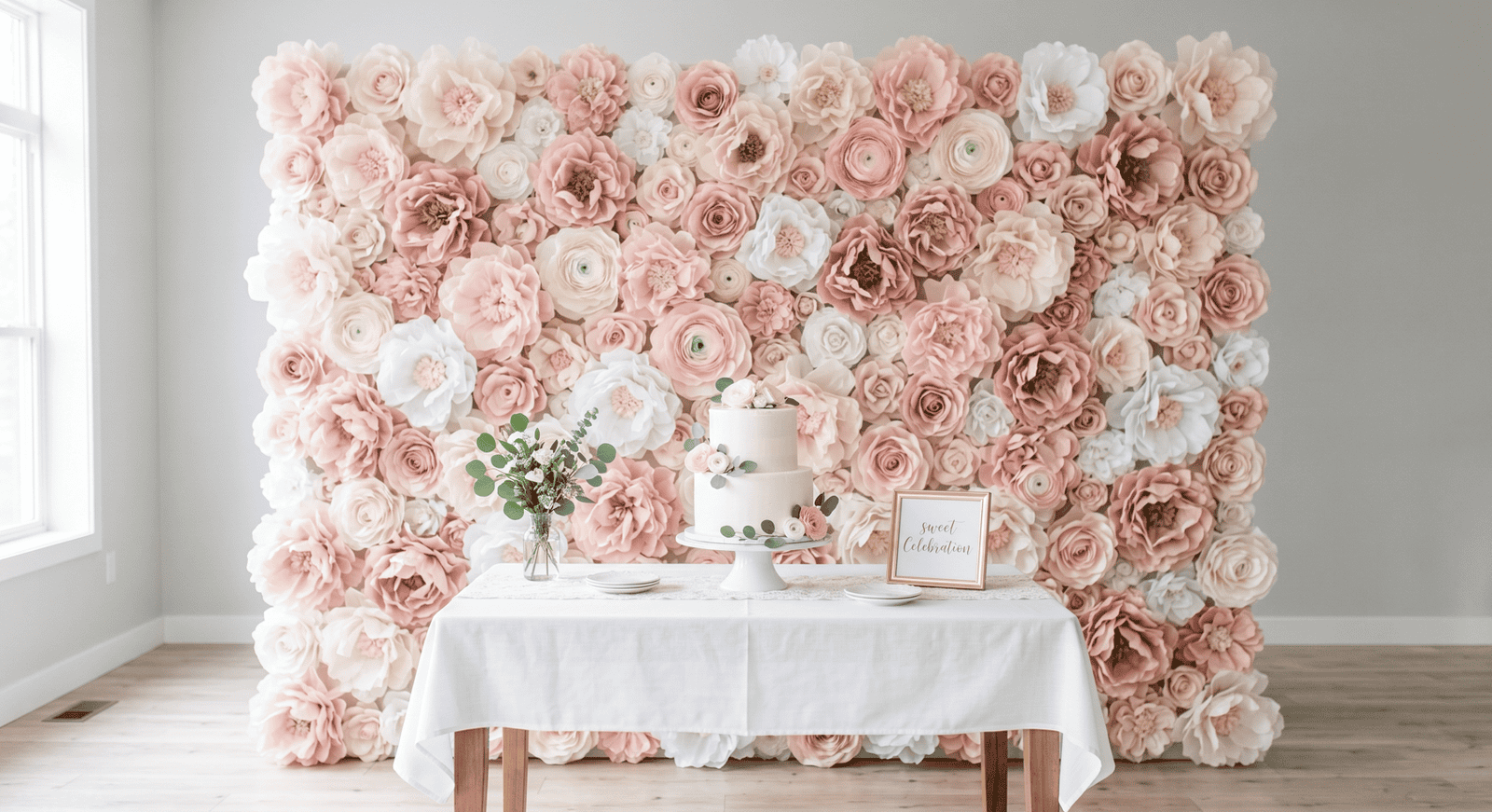 Beautiful pink and white floral backdrop for birthday celebrations and photo booths.