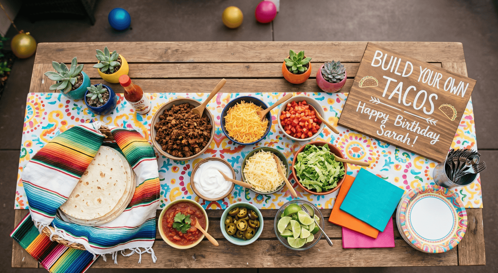 Colorful taco bar with toppings and decorations for a fun birthday celebration.