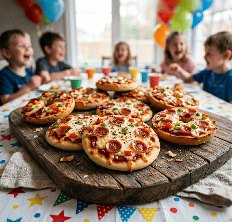 Delicious homemade mini pizzas served on a rustic wooden board for a fun birthday celebration.