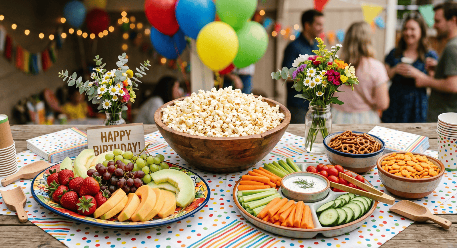 Colorful birthday party table with snacks, flowers, and balloons for a fun celebration.