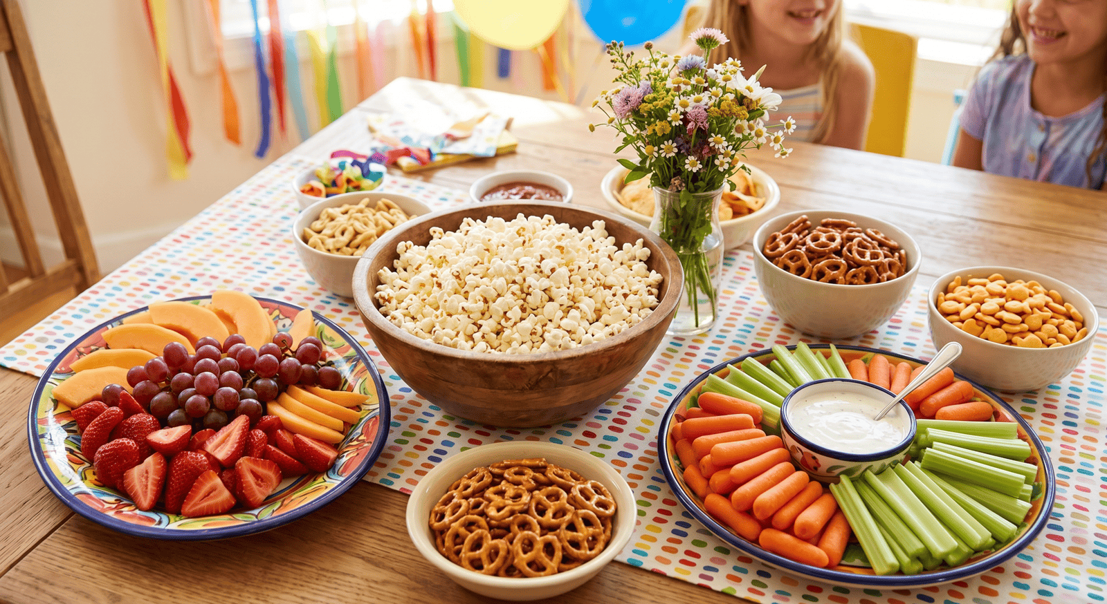 Party snack platter with popcorn, veggies, pretzels, and fruit for birthday parties.