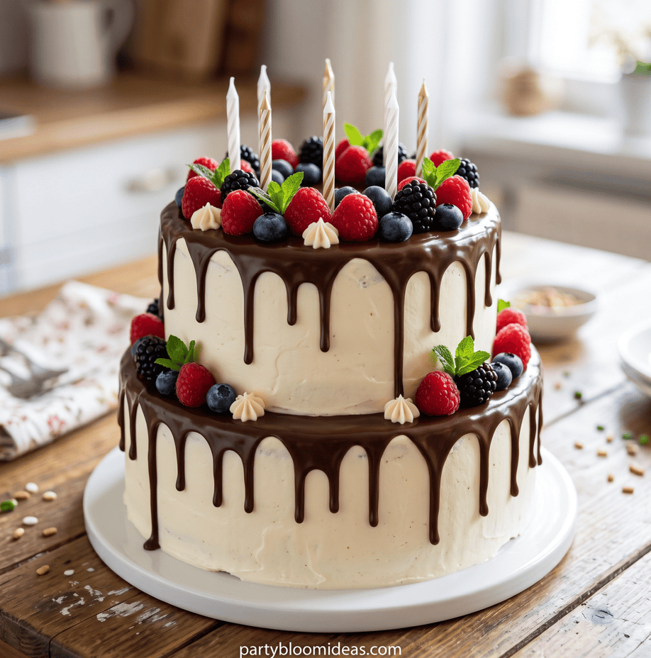 Chocolate and berry birthday cake with candles, perfect for budget-friendly celebrations.