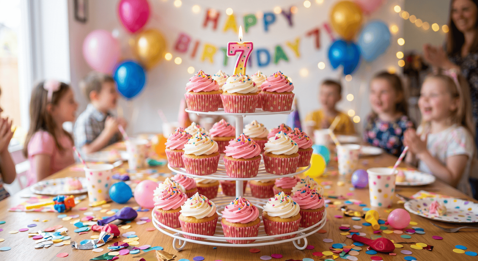 Vibrant birthday cupcakes displayed at a kids' birthday party with balloons and decorations.