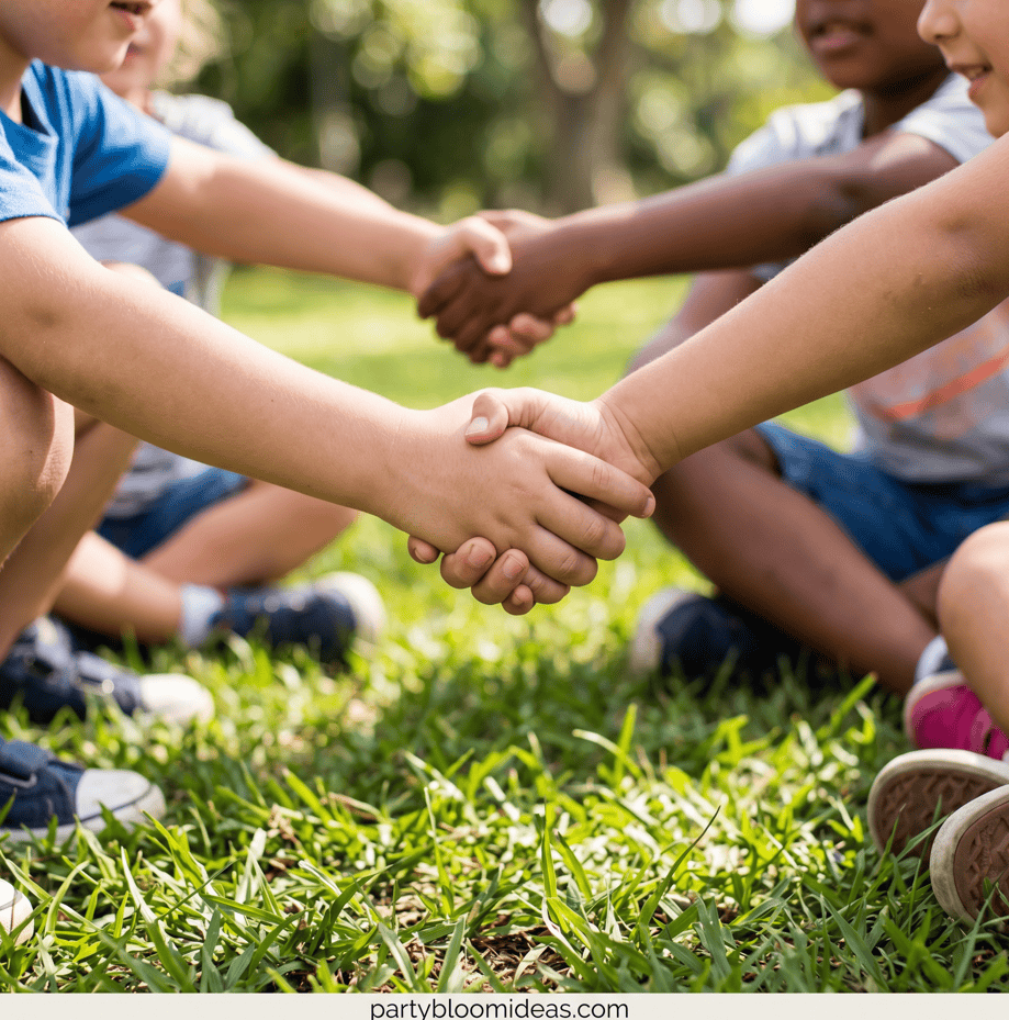 Kids shaking hands outdoors for a fun team activity.