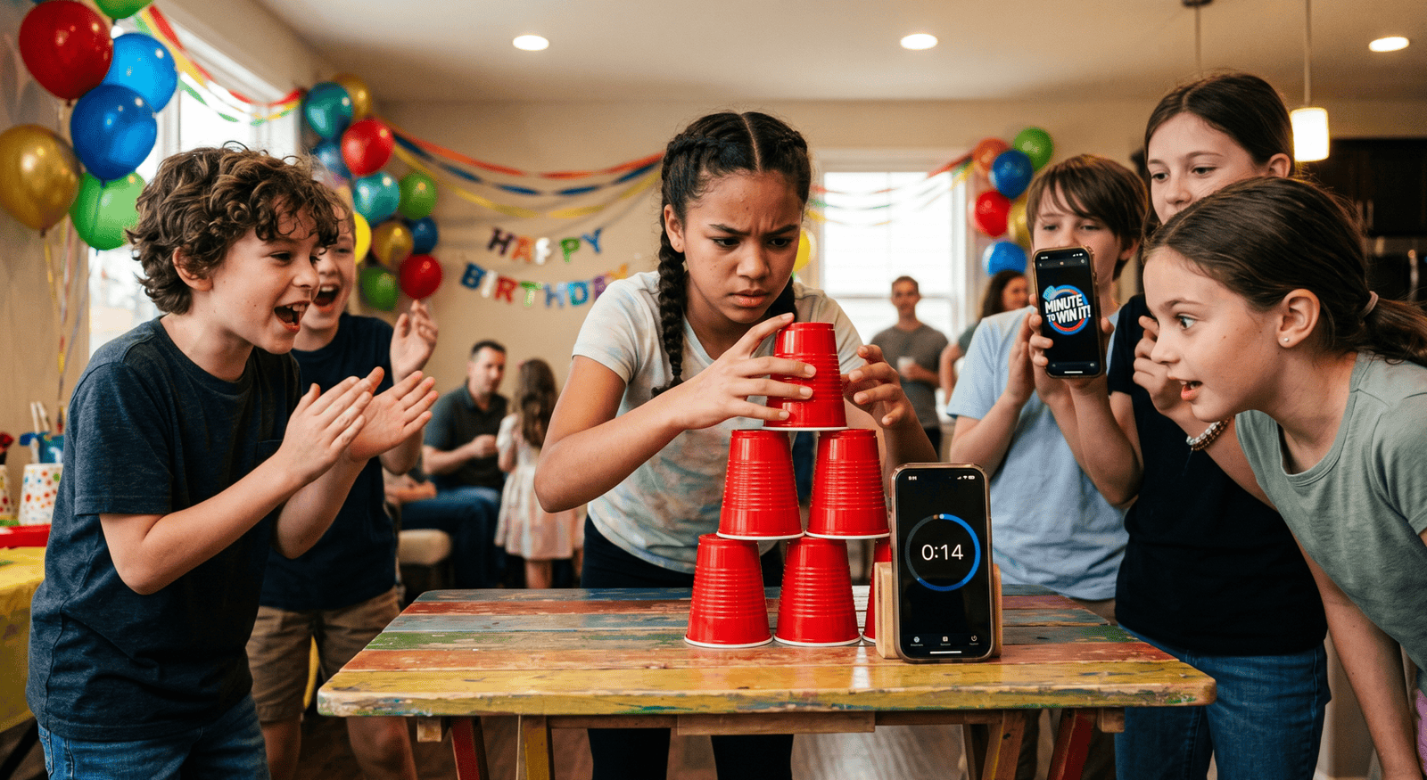 Children enjoying a cup stacking game at a birthday party.