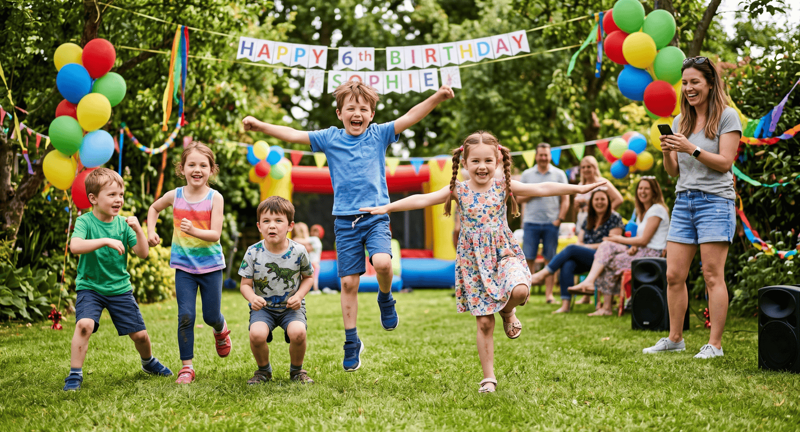 Colorful outdoor birthday party with kids playing and celebrating. Perfect ideas for budget-friendly.