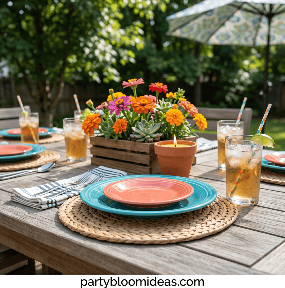 Vibrant outdoor table setup featuring colorful plates, floral centerpiece, and refreshing drinks for.