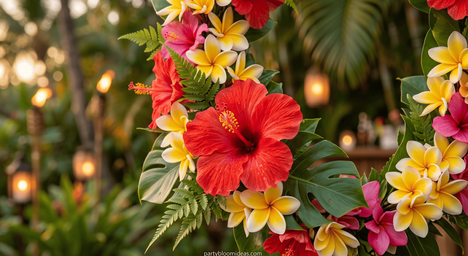 Beautiful tropical flower arrangement with hibiscus and plumeria for summer backyard parties.