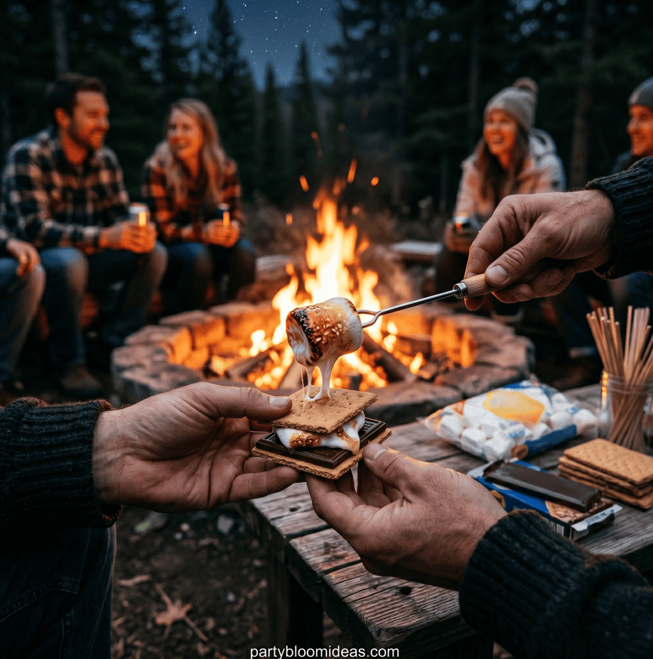 Outdoor summer party with friends around a campfire, enjoying s'mores and marshmallows. Perfect for.