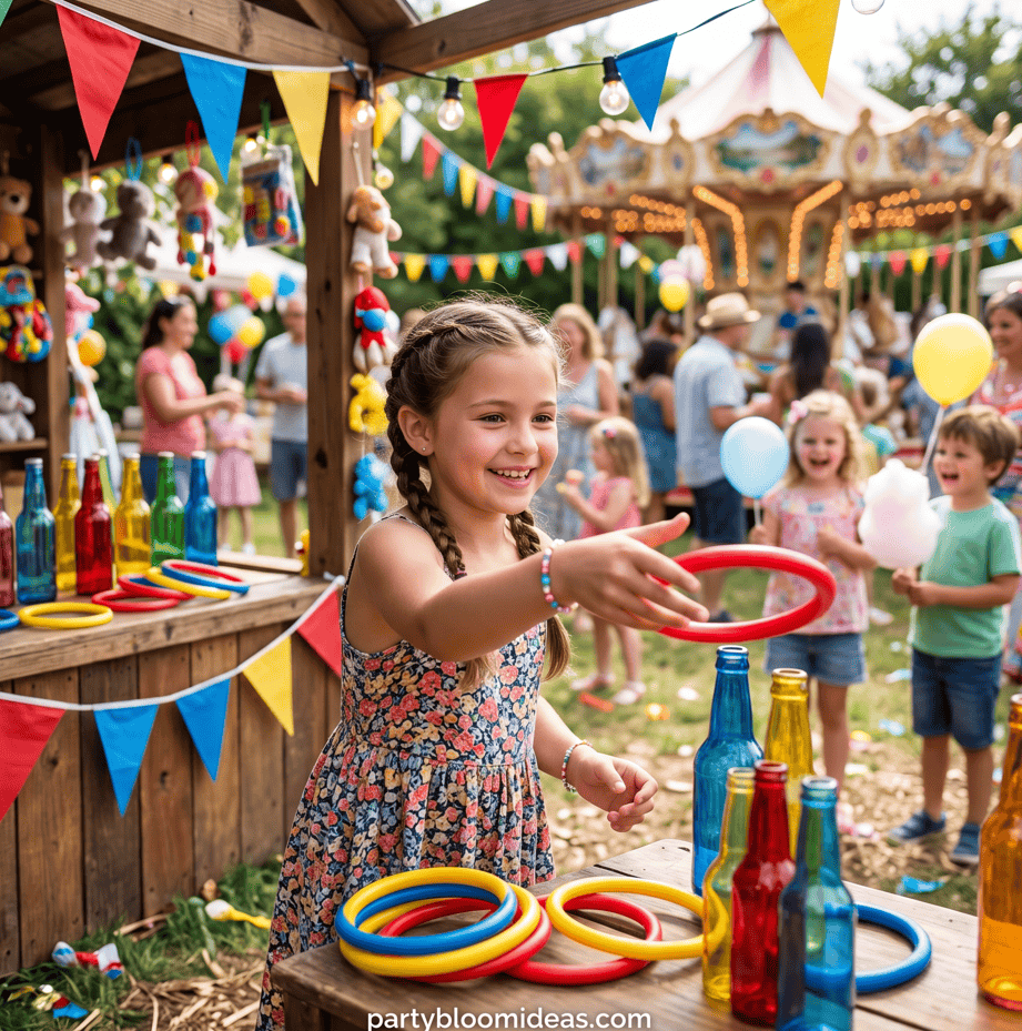 Vibrant summer backyard party scene with children playing ring toss and colorful decorations. Perfec.