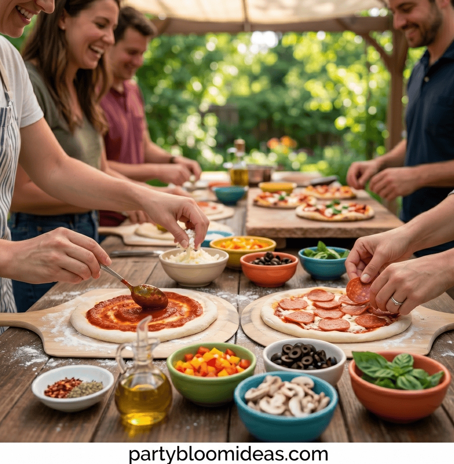 Group of friends making homemade pizzas outdoors in a backyard setting.