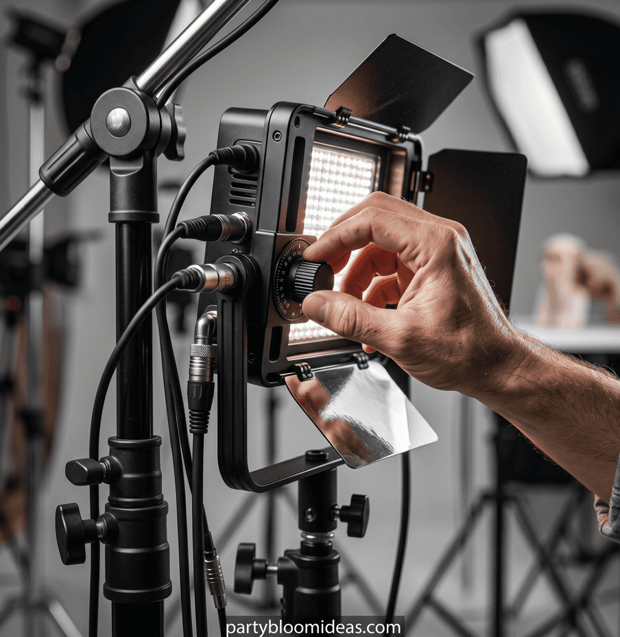 Close-up of professional lighting equipment for outdoor summer party photography.