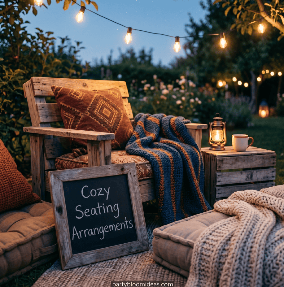 Inviting outdoor seating area with rustic wooden furniture, warm blankets, and string lights for sum.