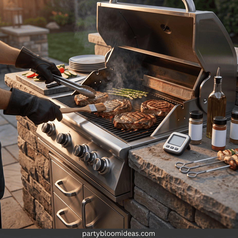 Outdoor grill with steaks and vegetables cooking for summer party.