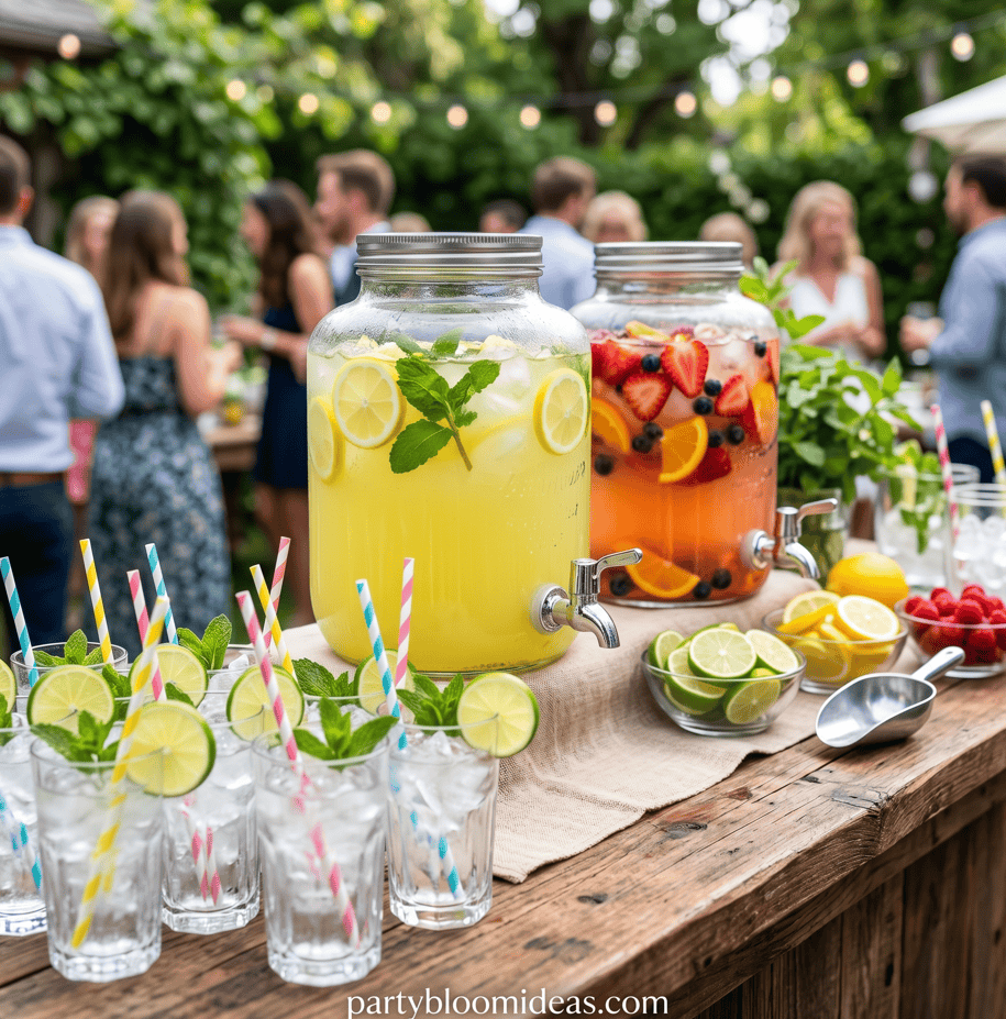 Bright lemonade and fruit-infused beverages served in glass jars at outdoor summer gathering.