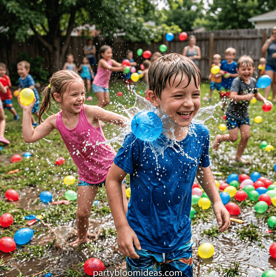 Kids enjoying a water balloon fight in the backyard during summer.