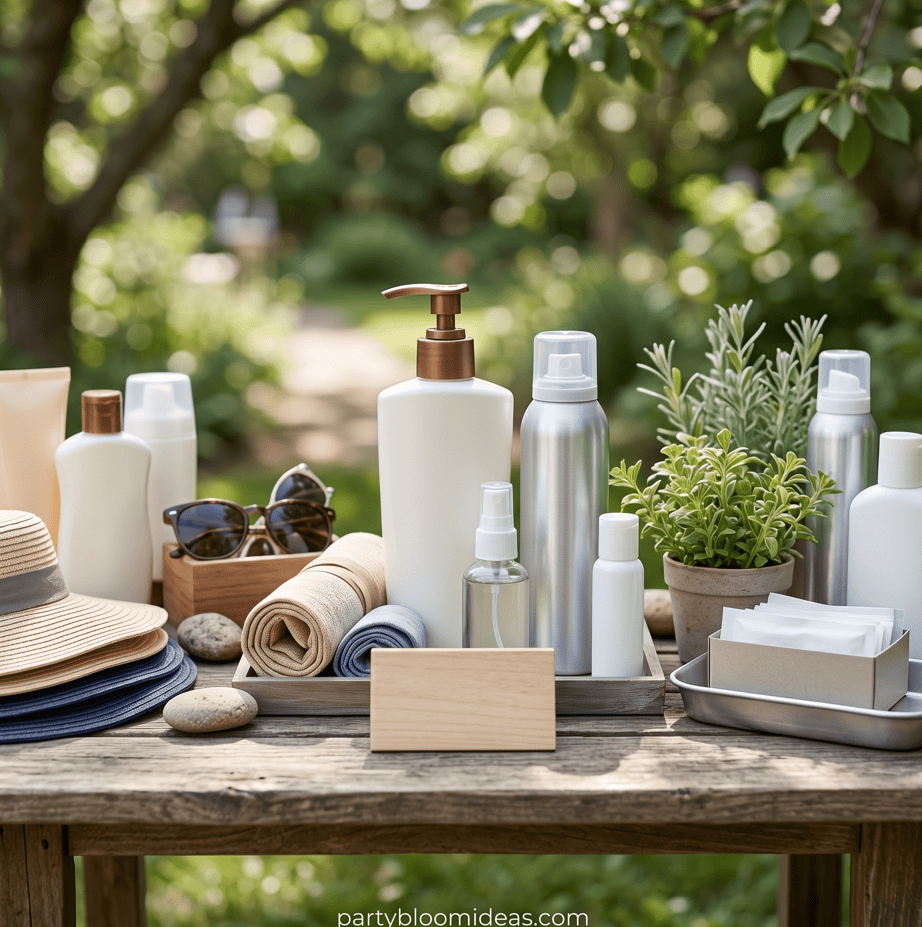 Summer backyard party supplies including lotions, hats, sunglasses, and plants for outdoor gathering.