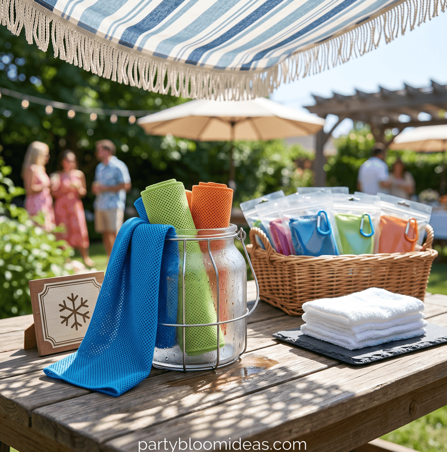 Brightly colored towels and water bottles at a summer backyard party.