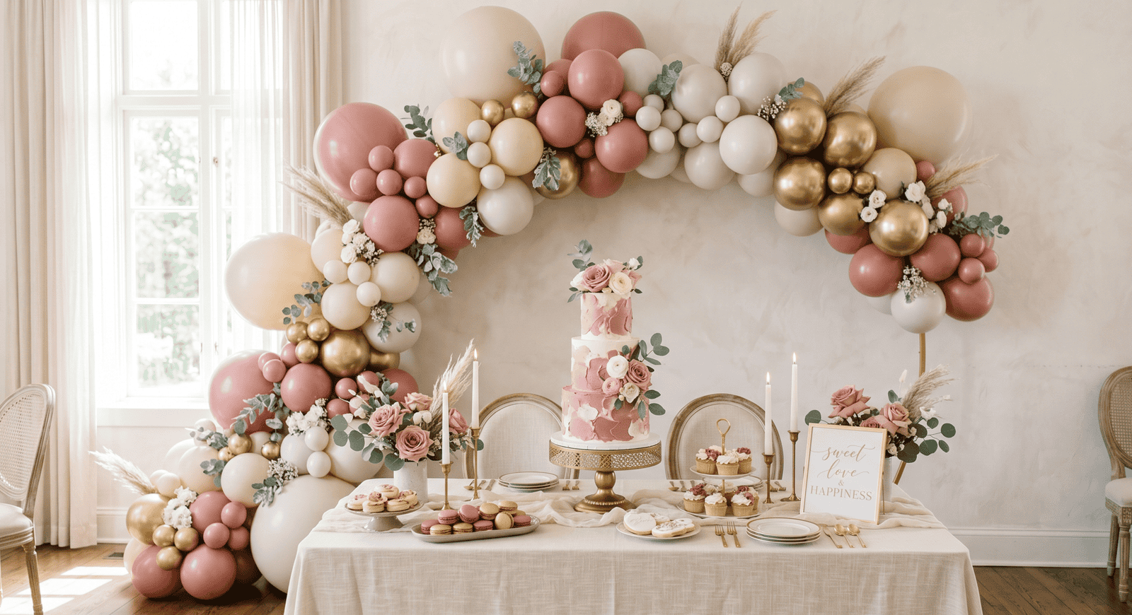 Elegant balloon arch with pink, white, and gold balloons for party decor.