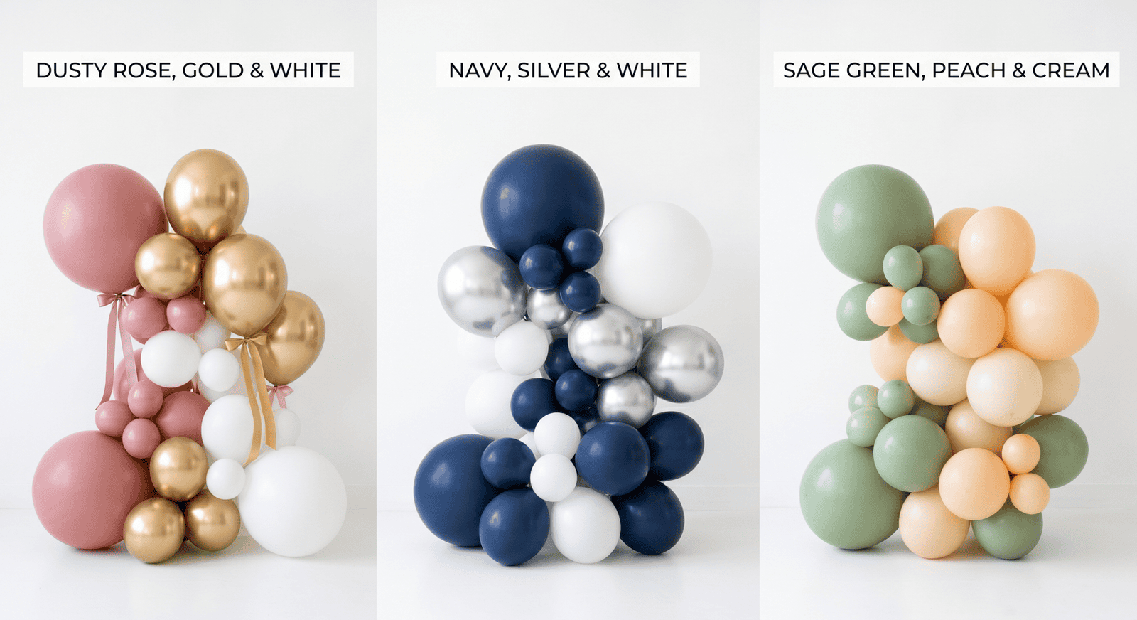Trio of balloon arrangements in Dusty Rose, Navy, and Sage Green for DIY balloon arches.
