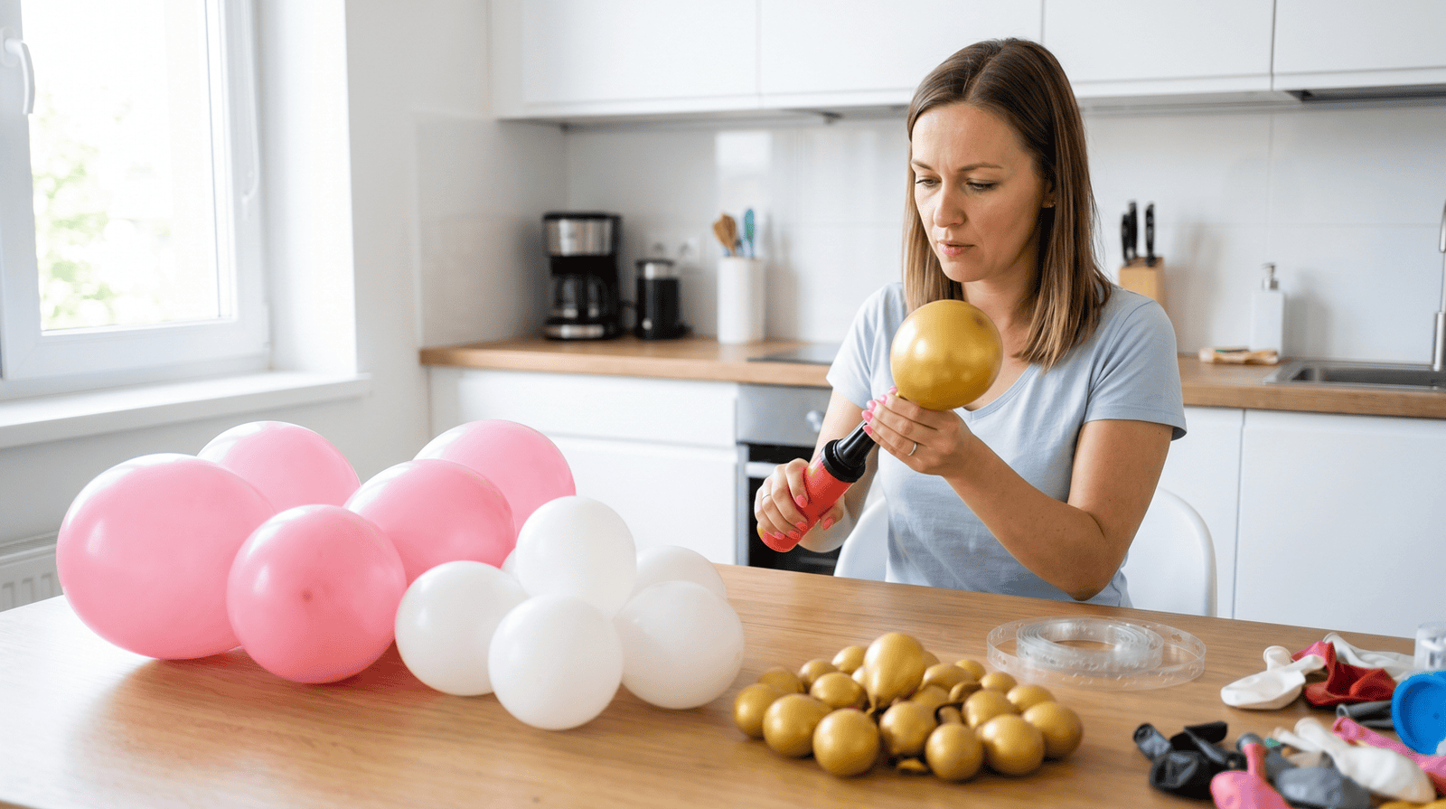 Woman creating a balloon arch with pink, white, and gold balloons for party decor.